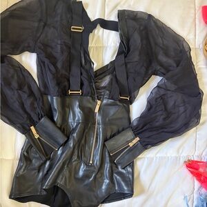 Black Sheer Sleeve Leather lingerie one piece